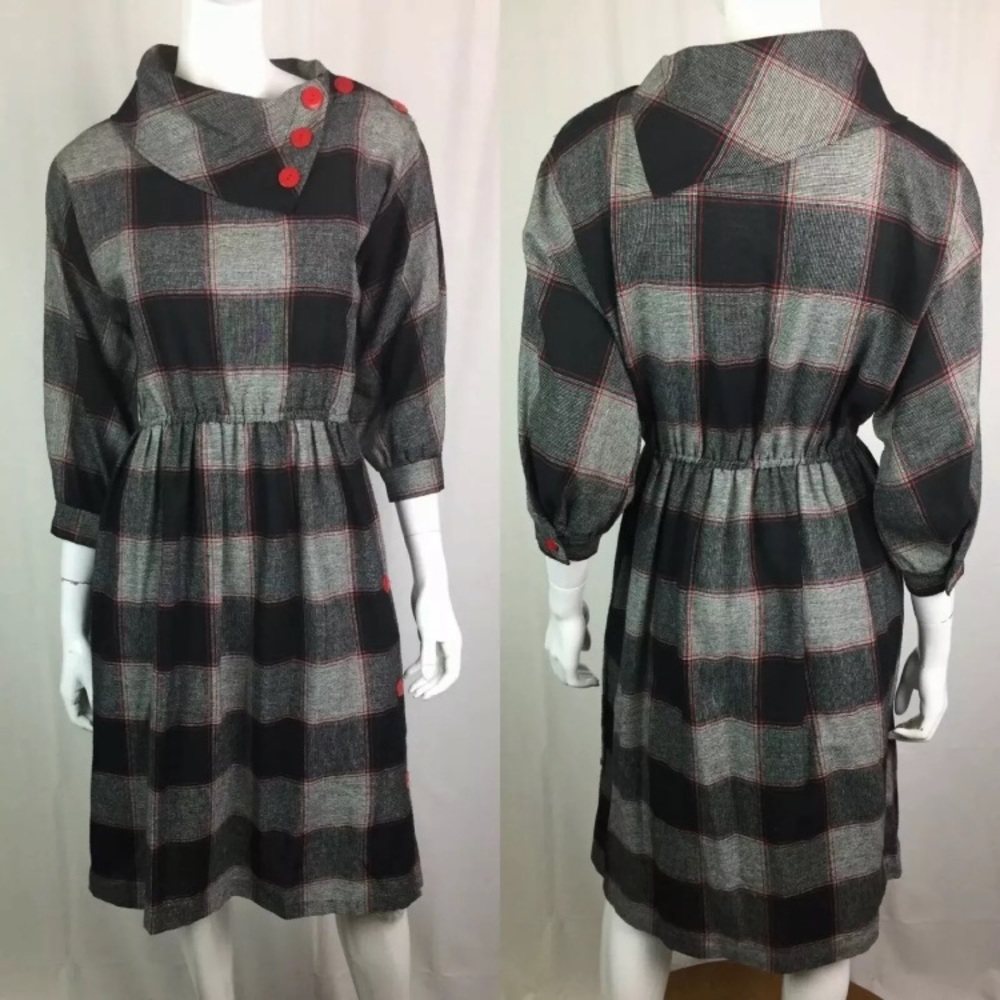Vintage 60s Plaid Mod Button Flare Dress